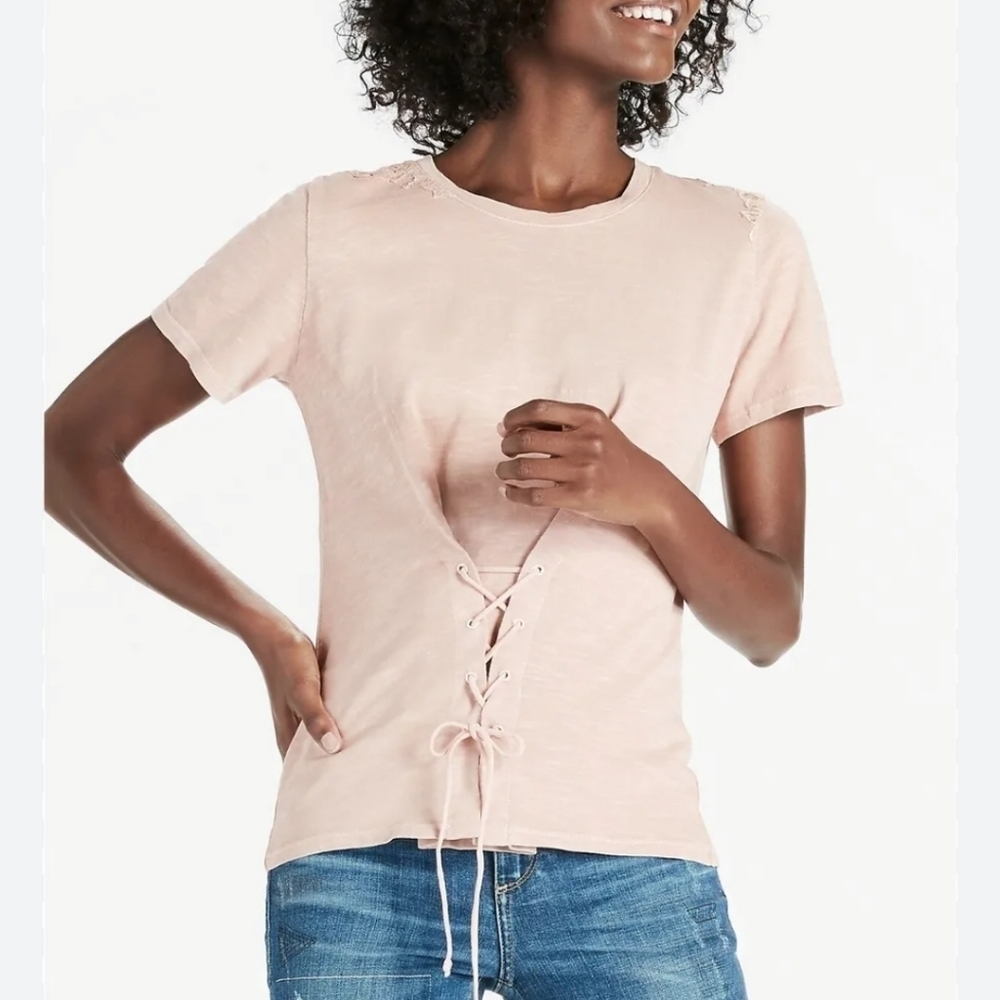 LUCKY BRAND washed lace corset top short Sleeves t-shirt size L